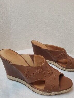 Jack Rogers Sophia Leather Wedge Sandals Brown Whipstitch Slide Women's 7.5